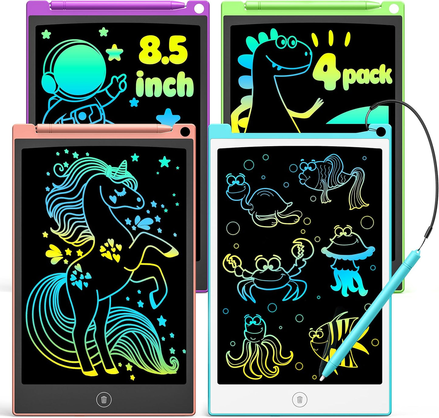 TECJOE 4 Pack LCD Writing Tablet, 8.5 Inch Colorful Doodle Board Drawing Tablet for Kids, Kids Travel Games Activity Learning Toys Birthday Gifts for 3 4 5 6 Year Old Boys Girls Toddlers Preschooler