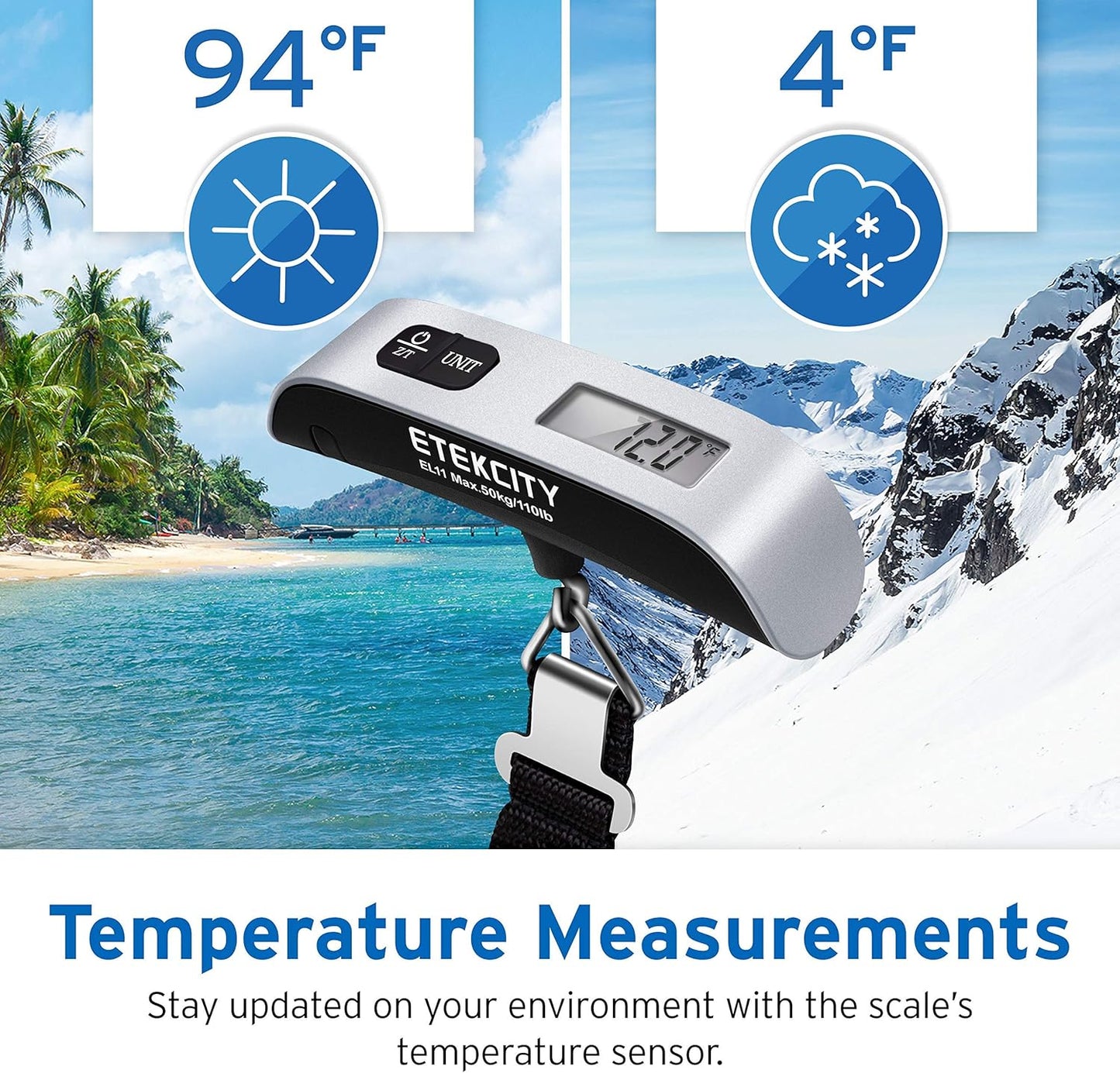 Etekcity Luggage Scale for Travel Essentials, Digital Suitcase Weight Scale with Hook, Portable Hanging Baggage Scale for Travel Accessories, 110 Pounds, Battery Included