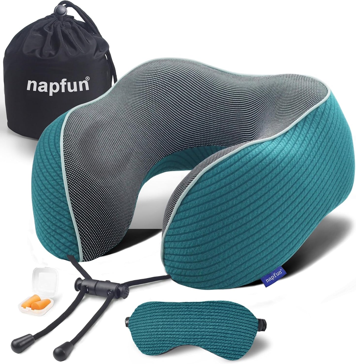 napfun Neck Pillow for Traveling, Upgraded Travel Neck Pillow for Airplane 100% Pure Memory Foam Travel Pillow for Flight Headrest Sleep, Portable Plane Accessories, Striped Black