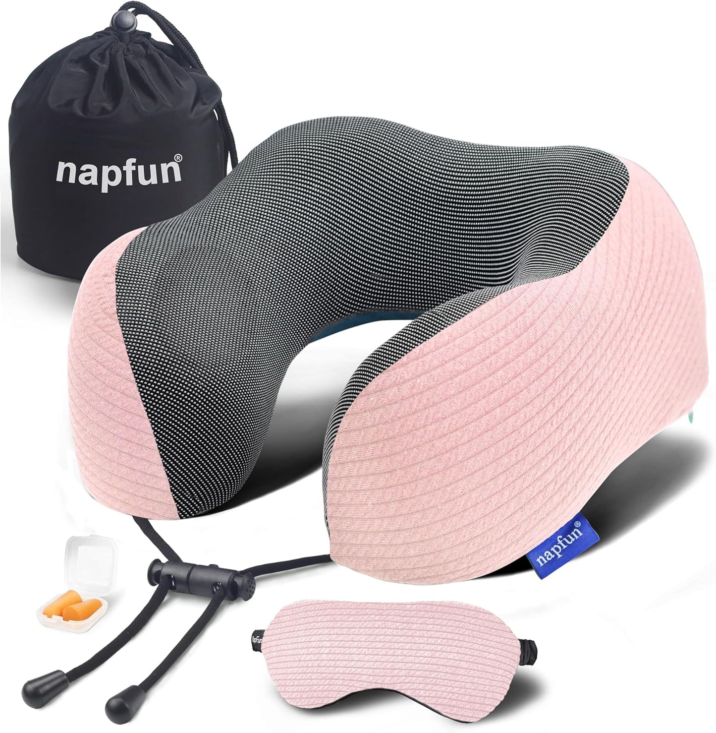 napfun Neck Pillow for Traveling, Upgraded Travel Neck Pillow for Airplane 100% Pure Memory Foam Travel Pillow for Flight Headrest Sleep, Portable Plane Accessories, Striped Black