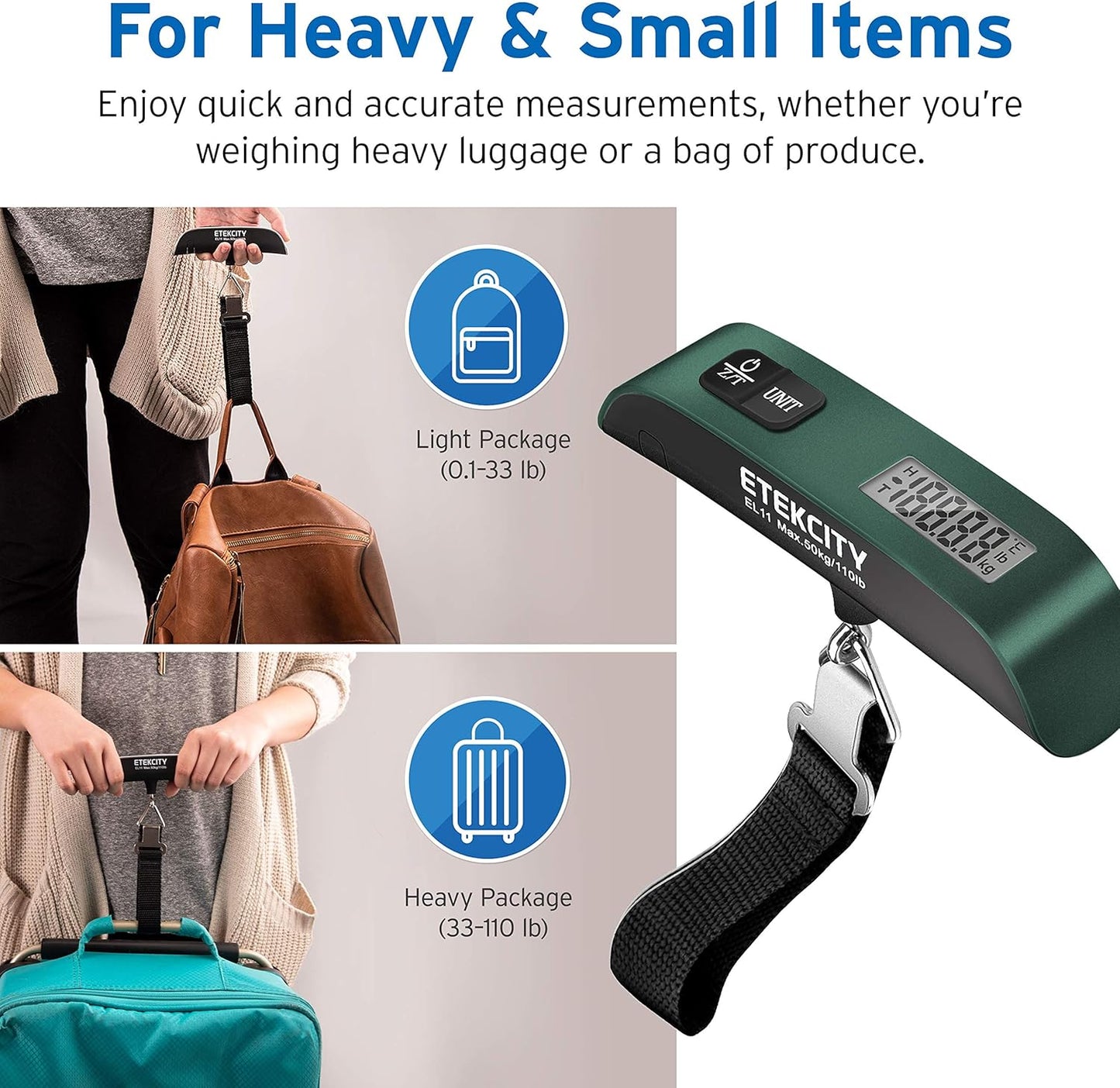 Etekcity Luggage Scale for Travel Essentials, Digital Suitcase Weight Scale with Hook, Portable Hanging Baggage Scale for Travel Accessories, 110 Pounds, Battery Included