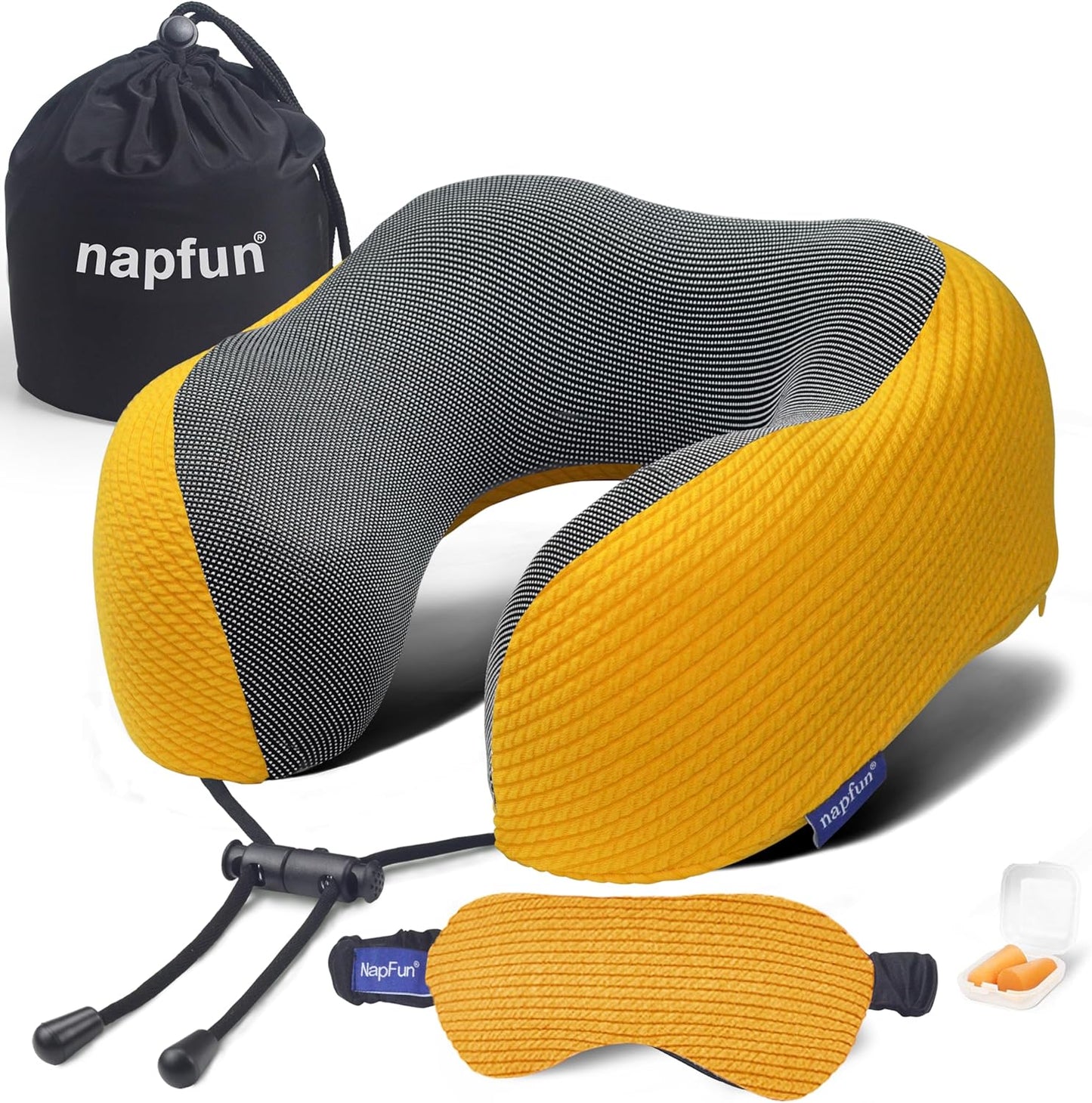 napfun Neck Pillow for Traveling, Upgraded Travel Neck Pillow for Airplane 100% Pure Memory Foam Travel Pillow for Flight Headrest Sleep, Portable Plane Accessories, Striped Black