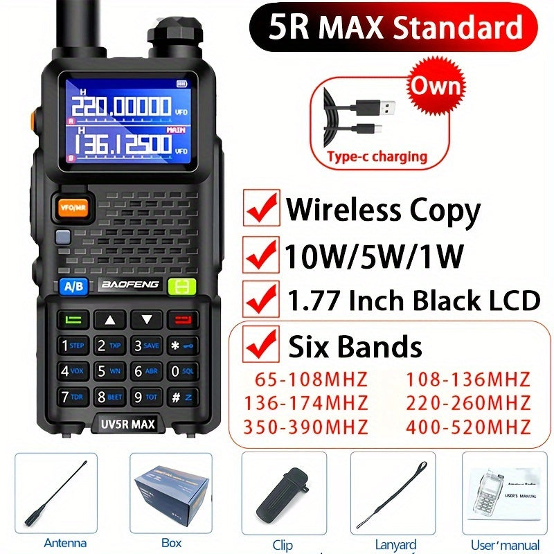 Baofeng UV-5R Max Walkie Talkie - 10W High Power, 6 Bands, 999 Channels, Long Range Communication for Outdoor Adventures - For Hikers, Campers & Outdoor Enthusiasts - Perfect Gift for Adventure Seekers