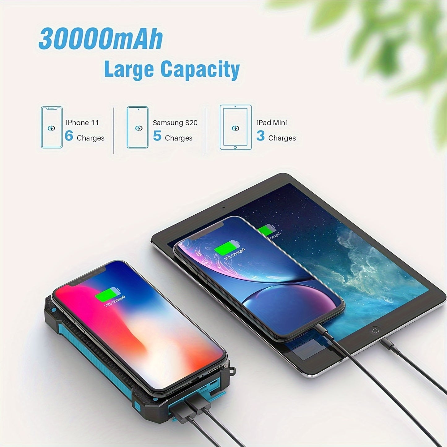 Solar Power Bank 30000 MAh, Wireless Portable Solar Power Bank Fast Charge Solar Phone Charger Power Bank With 3 Cables
