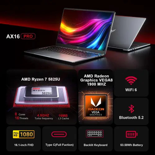 ACEMAGIC AX16Pro Gaming Laptop 16.1" IPS FHD AMD Ryzen™ 7 5825U Notebook 16GB DDR4 512GB PCI-E 53.58WH Windows 11 Computer