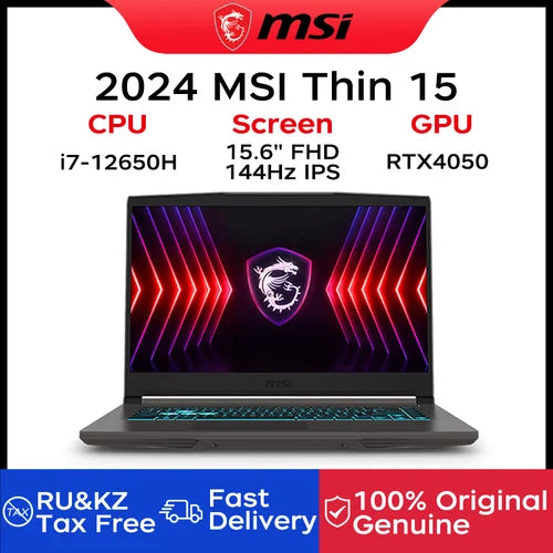 2024 MSI Thin 15 Gaming Notebook 15.6 Inch 2.5K FHD 144Hz IPS Screen Netbook i7-12650H 32GB 2TB SSD RTX4050 Laptop Computer PC