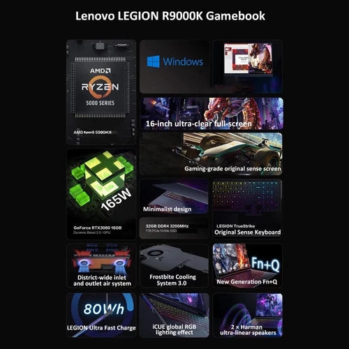 Lenovo Legion R9000K Gaming Laptop 16 Inch Notebook AMD Ryzen 9 5900HX RTX 3080 2.5K 165Hz SSD 1 TB Win11 PC Portable