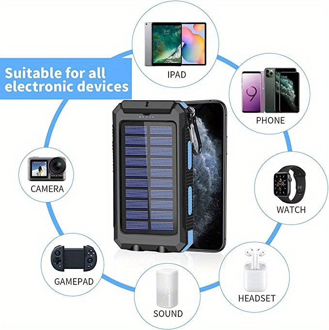 Solar Power Bank: Portable Charger with Dual LED Flashlights, USB Input/Output & Waterproof Solar Panel