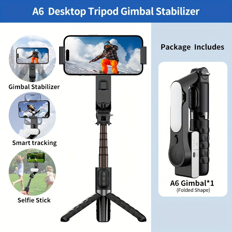 QAML A6 2024 Handheld Gimbal Stabilizer with Selfie Stick Tripod Stand, Wireless Wireless Remote, 1-Axis for Smartphone, 400mAh Rechargeable Lithium Polymer Battery, USB Charging, ABS Material, Compatible with iPhone & Android Devices