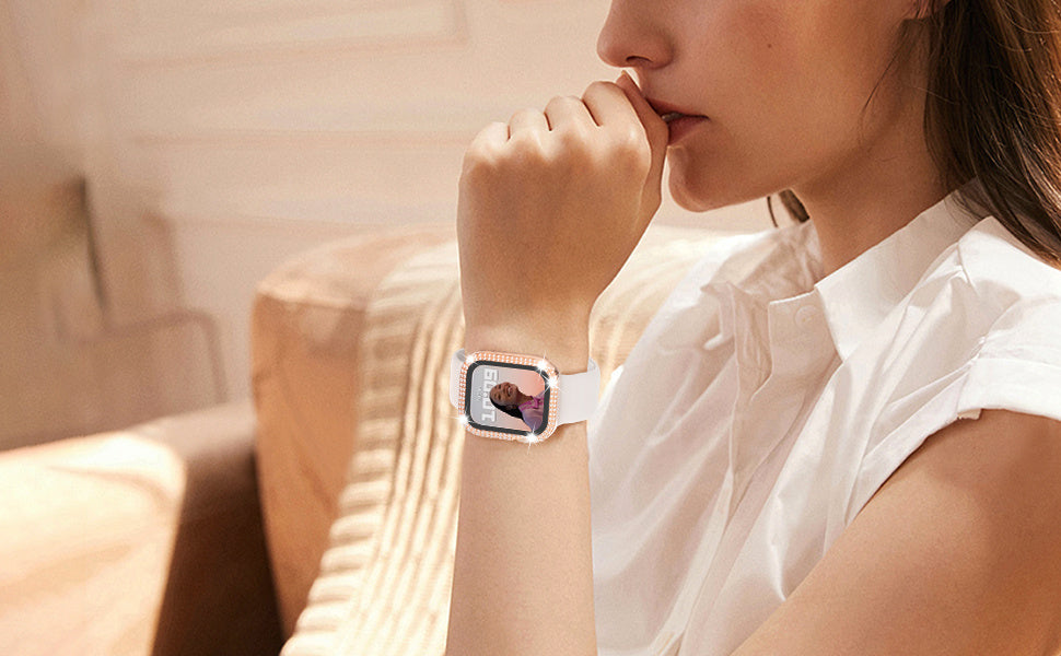 Megkhla Apple Watch Screen Protector, Bling Case For Apple Watch 40mm 44mm 41mm 45mm SE Series 8 7 6 5 4 With Hard PC Tempered Glass Rhinestone Protection Full Face Case Accessories For IWatch Girls & Women