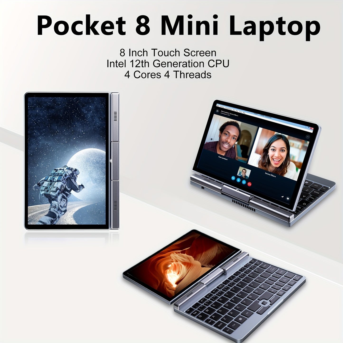Crelander 2 in 1 Mini Laptop | 8 Inch Touchscreen Portable Computer | Intel 12th Gen N100 Processor | 12GB DDR5 RAM | 1TB M.2 SSD | PD 30W Charging | Wi-Fi 6 BT5.2 | Backlit Keyboard | Windows 11