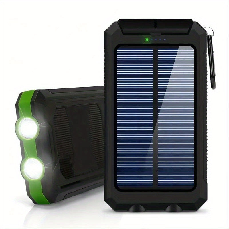 Solar Power Bank: Portable Charger with Dual LED Flashlights, USB Input/Output & Waterproof Solar Panel