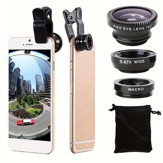 3-in-1 Phone Lens Kit - Aluminum Alloy Clip-On Fisheye, Macro, and Wide Angle Set