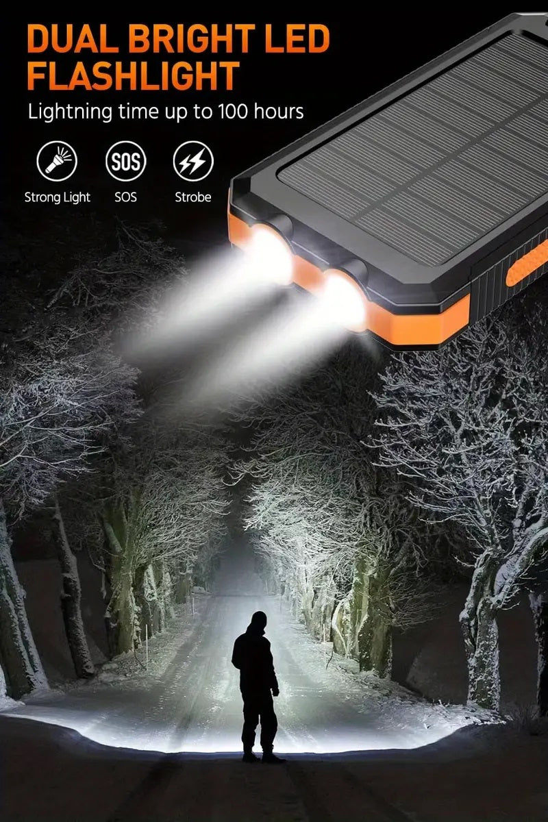 Solar Power Bank: Portable Charger with Dual LED Flashlights, USB Input/Output & Waterproof Solar Panel