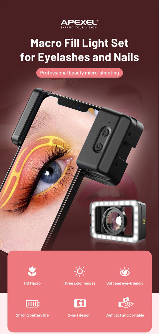 APEXEL 15x Macro Lens with LED Light, Multifunctional Clip, 3 Color Levels, 2700-6500K, Type-C Charging, Compact and Portable, Compatible with iPhone, Samsung, Xiaomi, GoPro Cameras