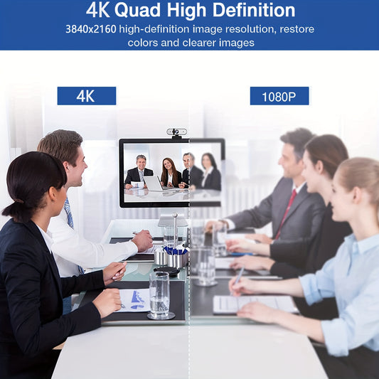 Plug & Play 4K Webcam with Auto-Zoom, Remote Control, Privacy Cover, and Built-in Mic for PC/Laptop - Ideal for Video Calls & Conferencing