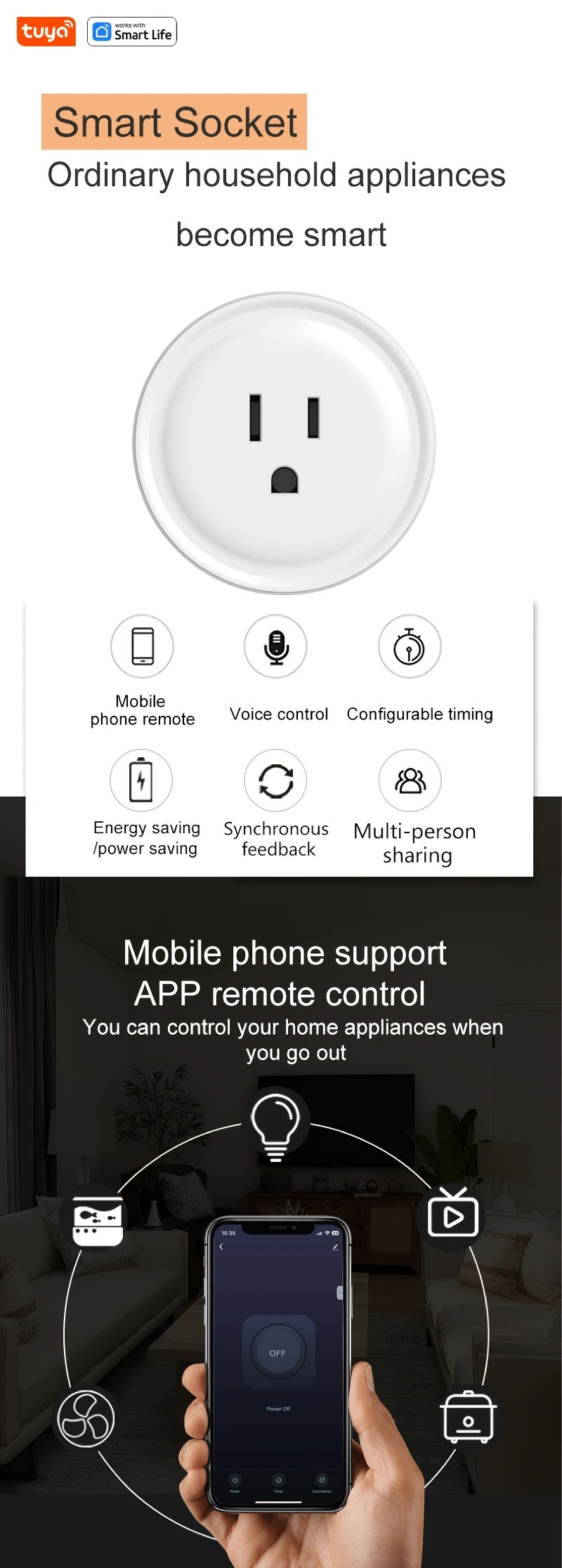 Tuya Mini WiFi Smart Plug - US Standard 10A, Round Outlet with Timer & App Control, Compatible with Alexa & Google Home, No Hub Needed, FCC Certified