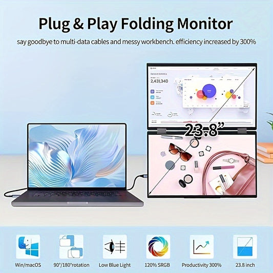 ARWOEIS 15.6" Dual Portable Monitor, 1080P, 120% SRGB, Dual Screen Monitor, Portable Monitor For Laptop, Stacked Folding Triple Monitor (Wins/ For Apple), 90°/180°/360° Automatic Rotation, VESA Support