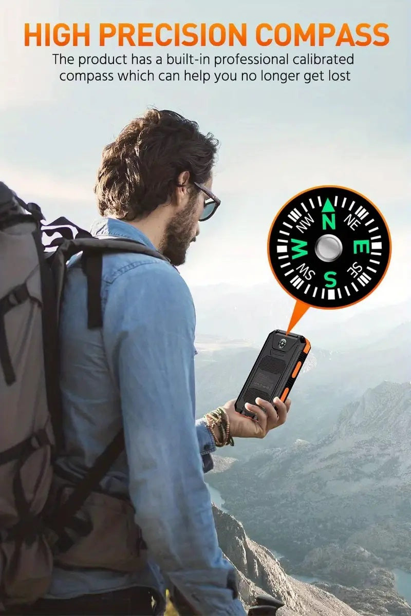 Solar Power Bank: Portable Charger with Dual LED Flashlights, USB Input/Output & Waterproof Solar Panel