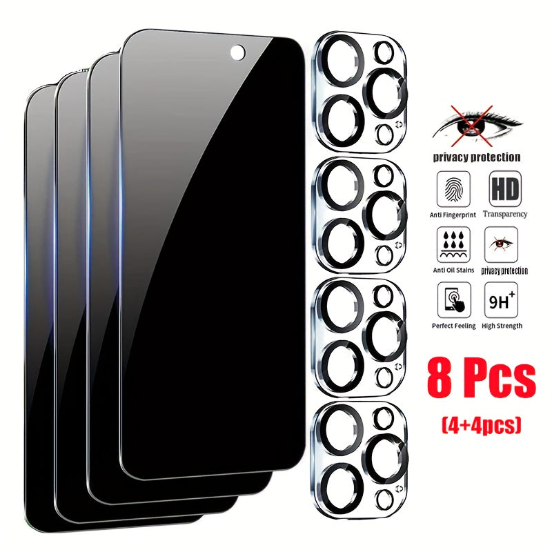 8pcs/set Full Coverage 4pcs Privacy Screen Protector For IPhone 15 Pro Max Glass For IPhone 14 Pro Max 6.7-Inch, With 4pcs Camera Lens Protector, 9H Tempered Glass Film