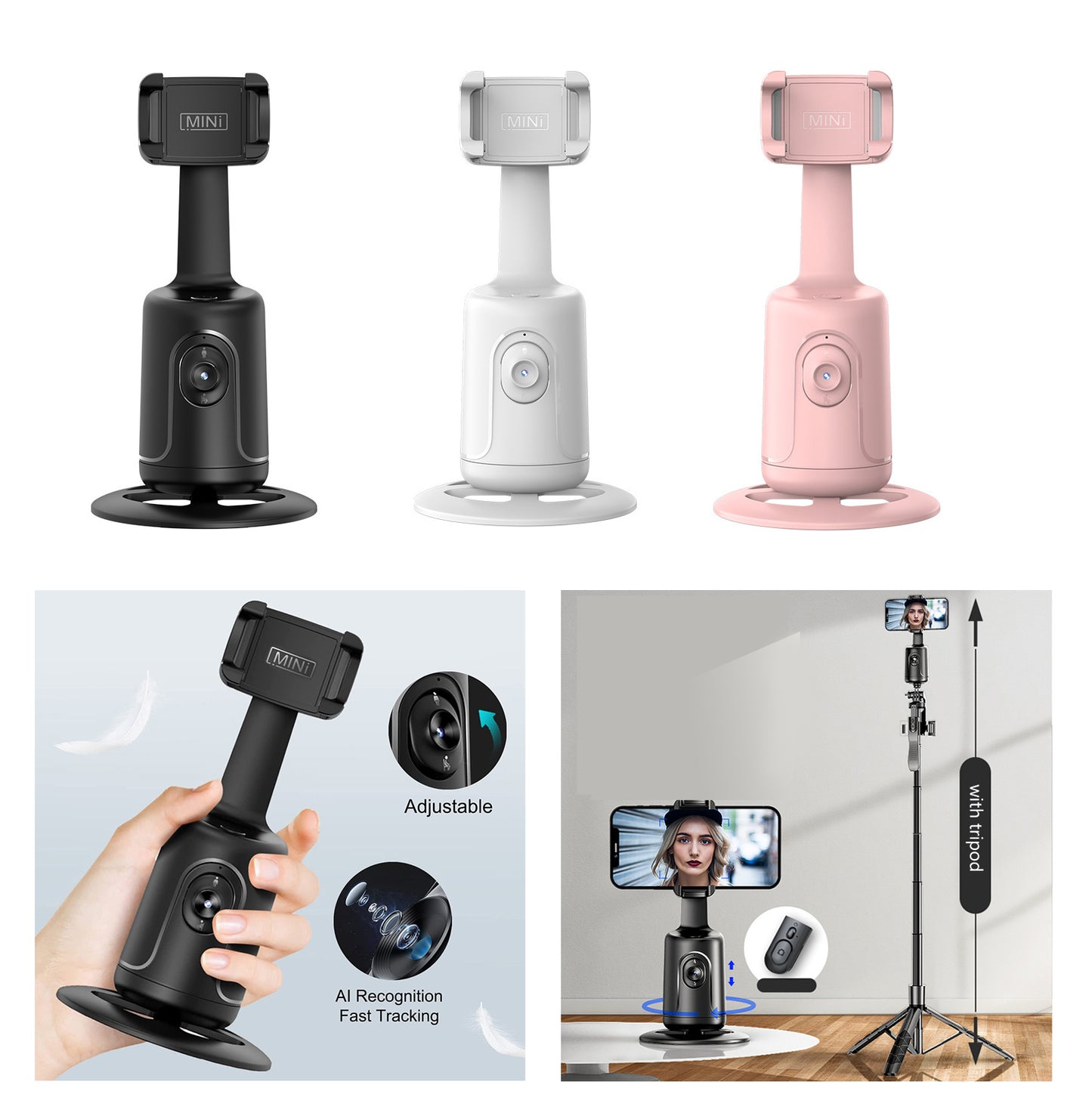 HKXYK Face Tracking Tripod, Desktop Gimbal, No App Required, 360° Rotation Face Body Phone Camera, Mount Smart Phone Tracking Holder for Live Vlog Streaming Video, Rechargeable Battery-Black