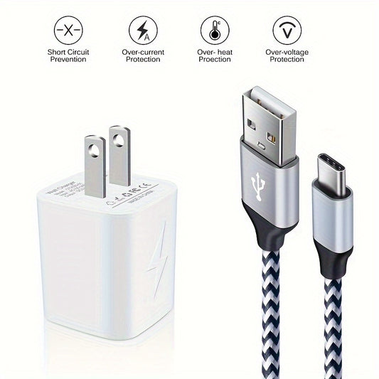 Dual Port USB Wall Charger Block Power Adapter 2.1A Quick Charger Cube With 6ft Type C Cable - For Samsung -  Suitable for Home & Office - Ideal Gift for Tech Lovers