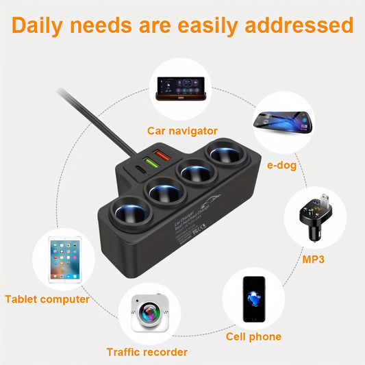 Baideluo multi-function car charger double USB Type-C port fast charging one drag four power adapter high-power car socket