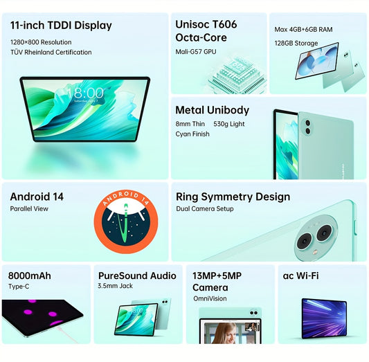 TECLAST P50S 2-in-1pc, 11" TDDI Display, Unisoc T606 Octa-Core, 4GB RAM, 128GB UFS, Android 14, Metal Unibody, Type-C, 13MP 5MP Cameras, 8000mAh Battery, with Keyboard, Wireless Mouse, Case, Protective Film, Headphones for 2-in-1 Use