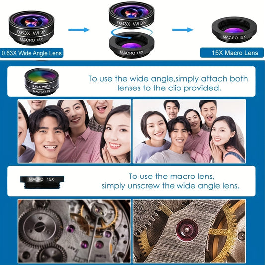 7-in-1 Mobile Phone Camera Lens Kit-198° Fisheye Lens   15X Macro Lens   0.63X Wide Angle Lens   Telephoto Lens 2x CPL   Kaleidoscope   Starburst  , Suitable for iPhone 11 12 13 for SamSung for Android Clip-on Camera Lens