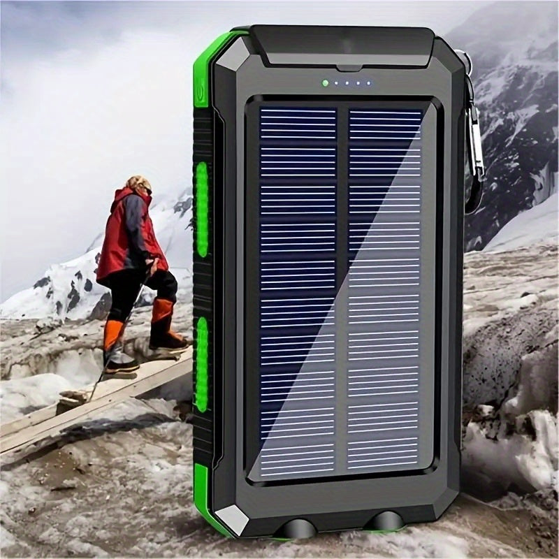 Solar Power Bank: Portable Charger with Dual LED Flashlights, USB Input/Output & Waterproof Solar Panel