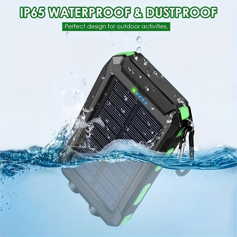 Solar Power Bank: Portable Charger with Dual LED Flashlights, USB Input/Output & Waterproof Solar Panel