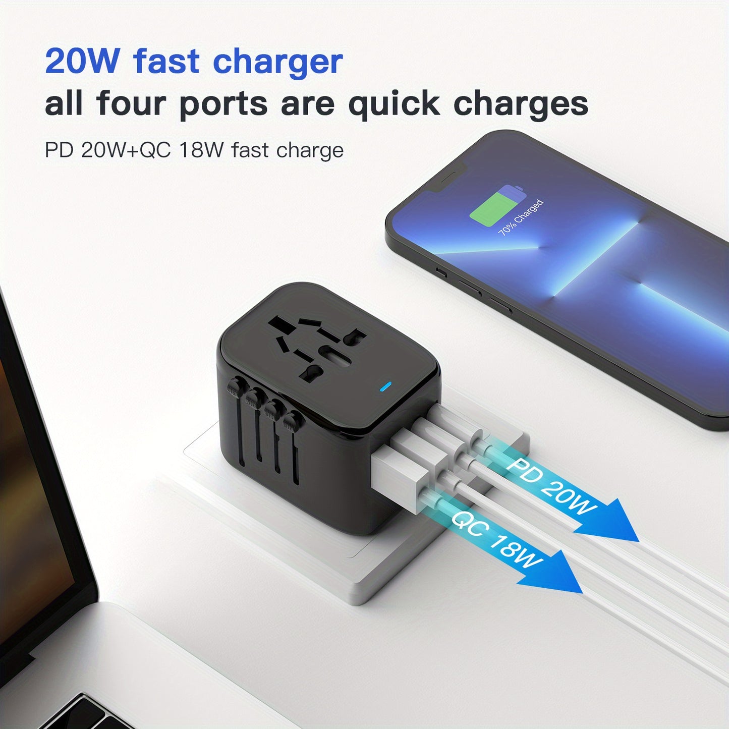 [Popular Choice] 1pc HKLAMIN Compact Travel Adapter with 5-in-1 International Power Plug - Features 3.5A, Dual USB-A Ports & Type-C, PD 20W, QC 18W Fast Charging, AC Outlet - Black, for US, UK, Australia, Asia (Type C/G/A/I), Travel Charging Station|Mode