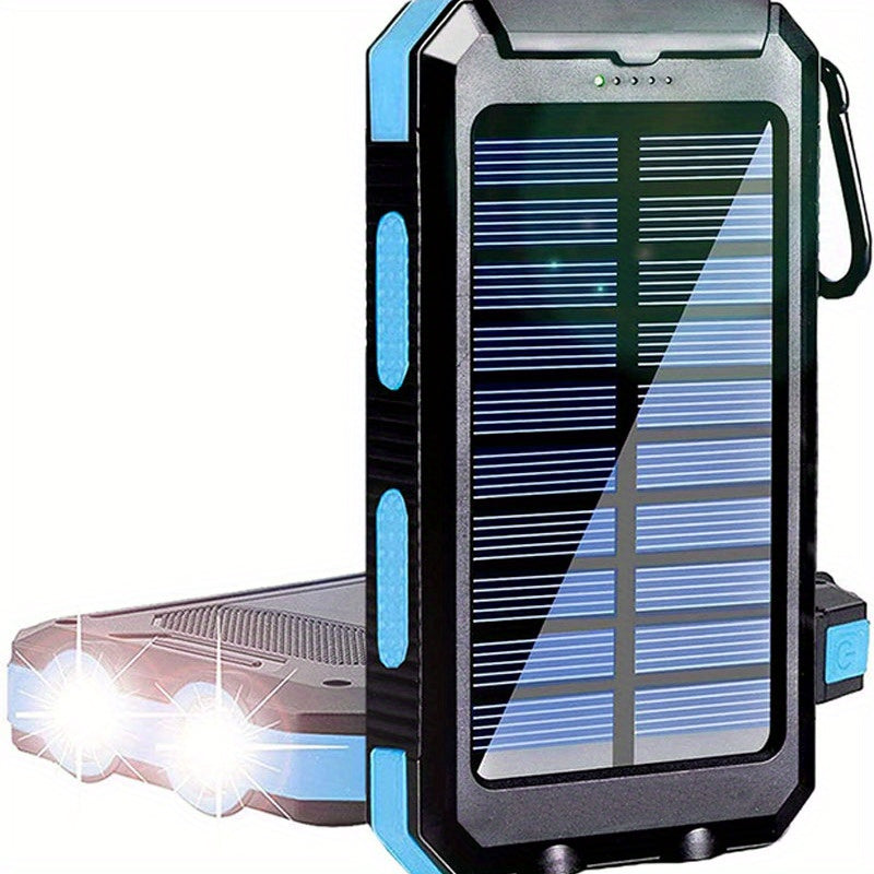 Solar Power Bank: Portable Charger with Dual LED Flashlights, USB Input/Output & Waterproof Solar Panel
