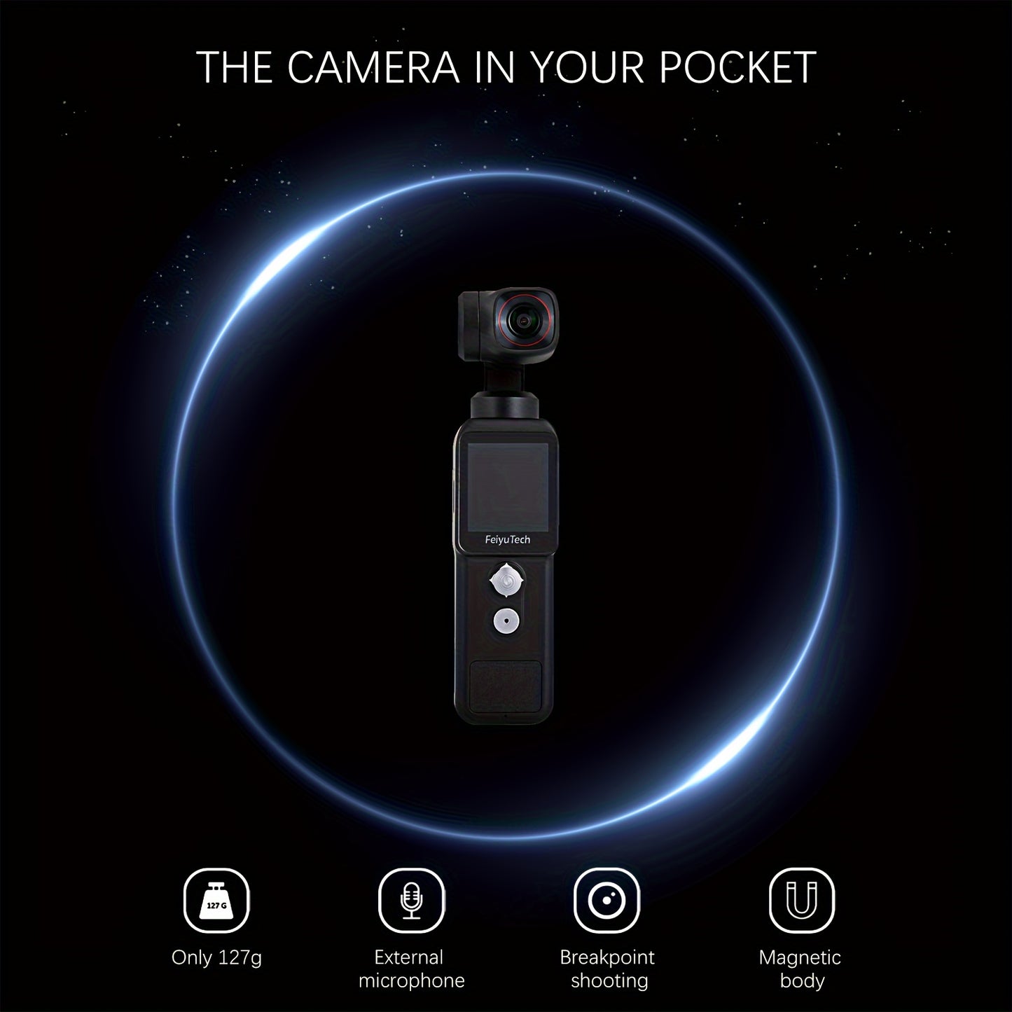 FeiyuTech Pocket 2 Action Camera Gimbal - 4K Handheld Stabilizer with 130° View, Magnetic Body, 4x Zoom, Beauty Effects, USB Rechargeable Battery