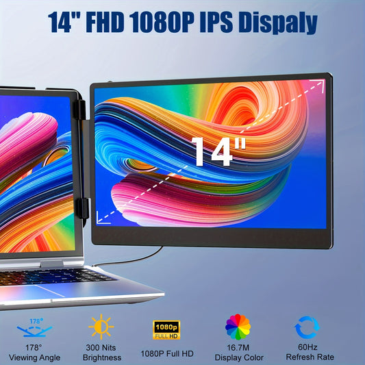 Laptop Screen Extender, 14" FHD 1080P IPS Portable Monitor Dual Screen, Laptop Monitor Extender Dual Screen With Speaker & Stand, Laptop Monitor Extender For 13-17" Laptops With USB-C/HDTV Port, Plug And Play For Windows/Mac/Android/Switch/PS5