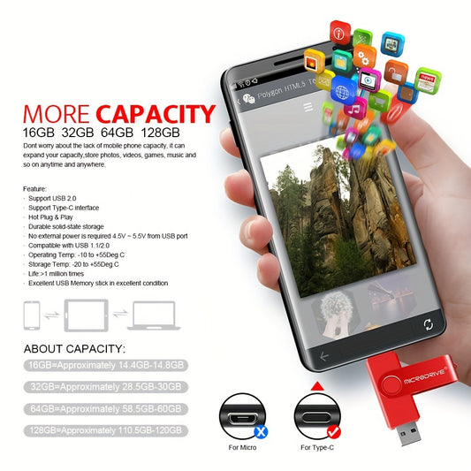MiCRODRIVE USB 2.0 Pen Drive 4GB 8GB 16GB 32GB 64GB 128GB Flash Drive 360 Rotating Metal Pen Drive Type-C For Android Phone And Tablets Balck Blue Silver Red Colour Buttons