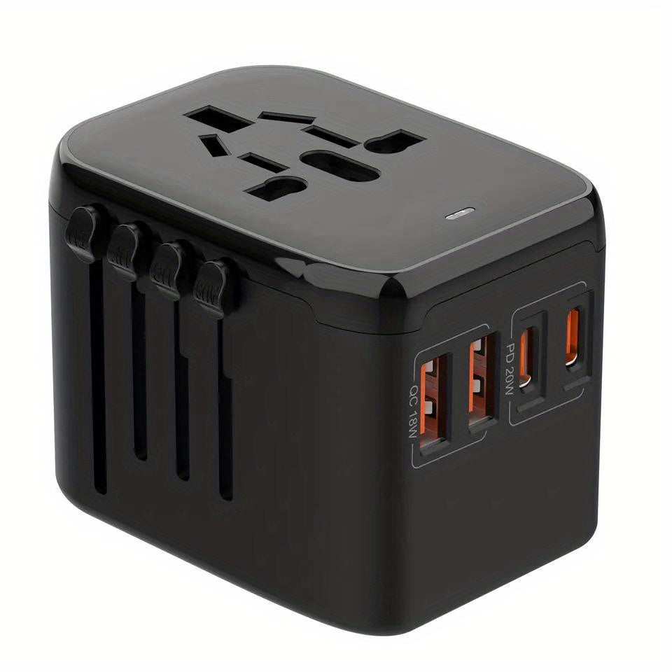 [Popular Choice] 1pc HKLAMIN Compact Travel Adapter with 5-in-1 International Power Plug - Features 3.5A, Dual USB-A Ports & Type-C, PD 20W, QC 18W Fast Charging, AC Outlet - Black, for US, UK, Australia, Asia (Type C/G/A/I), Travel Charging Station|Mode