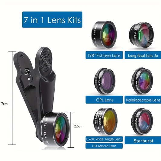 7-in-1 Mobile Phone Camera Lens Kit-198° Fisheye Lens   15X Macro Lens   0.63X Wide Angle Lens   Telephoto Lens 2x CPL   Kaleidoscope   Starburst  , Suitable for iPhone 11 12 13 for SamSung for Android Clip-on Camera Lens