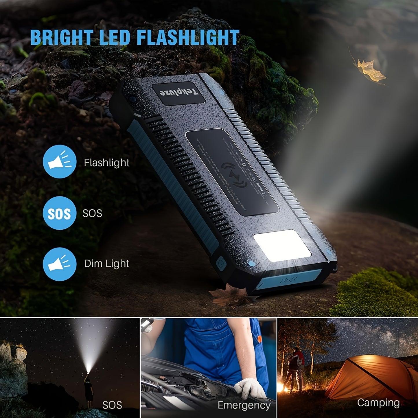 Solar Power Bank 30000 MAh, Wireless Portable Solar Power Bank Fast Charge Solar Phone Charger Power Bank With 3 Cables