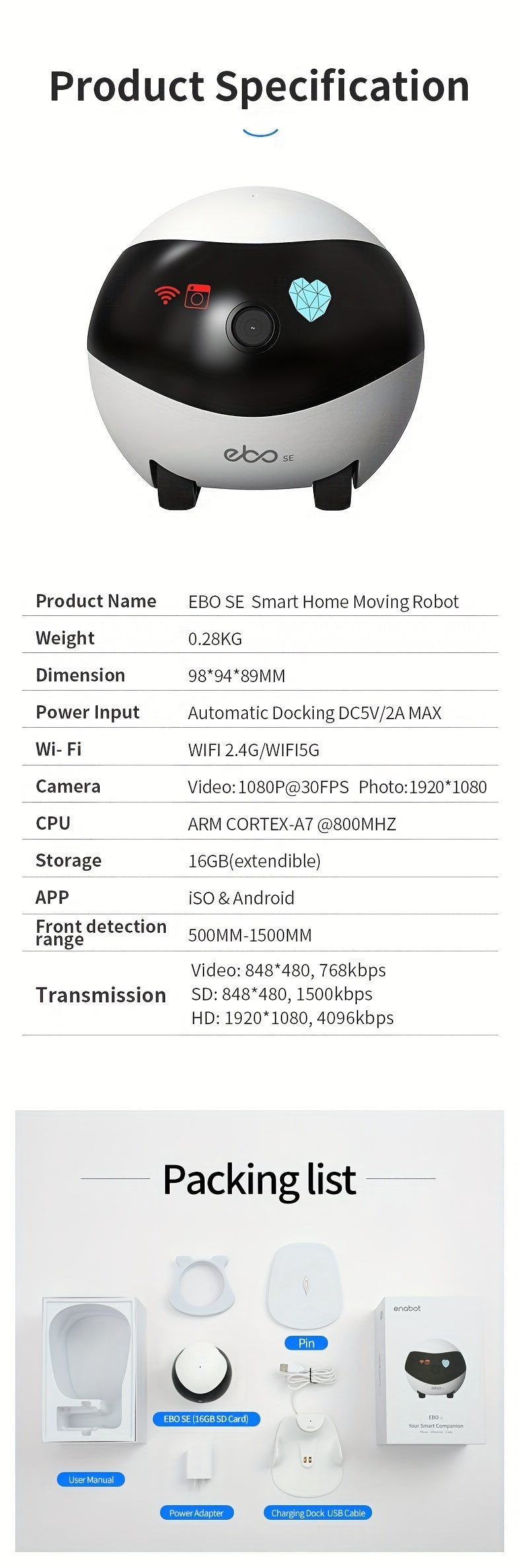 Enabot SE Home Security Camera, EBO Movable Indoor Smart Robot, 2-Way Audio, Night Vision, Auto Self-Charging, 1080P HD Video, APP WiFi Remote Control, Local SD Card Data Storage, Fix-Point Patrol And Auto Cruise For Pets, Babies And Elderly Companionshi