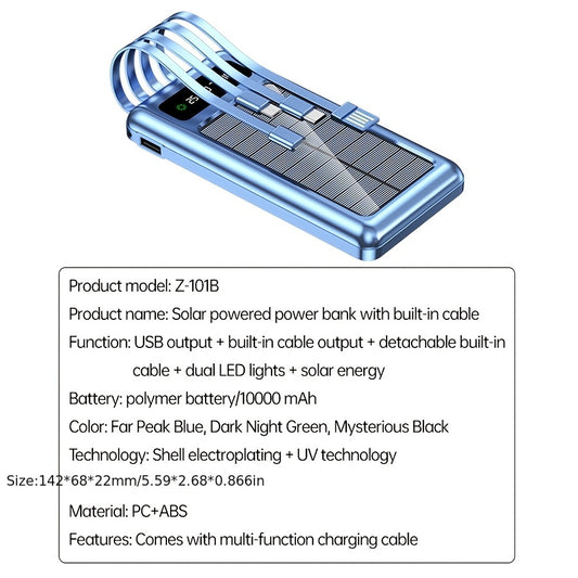 Winsway Portable Power Bank Solar Charger -10000mAh Large Capacity, Built-in 3 Outputs And 1 Input Cable, And Flashlight 2.1A Fast Charger, Compatible With All Smartphones And Devices
