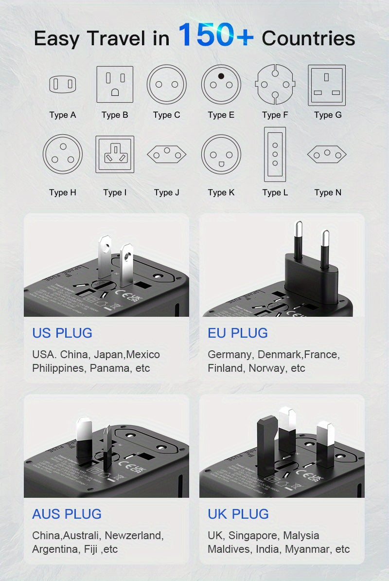 [Popular Choice] 1pc HKLAMIN Compact Travel Adapter with 5-in-1 International Power Plug - Features 3.5A, Dual USB-A Ports & Type-C, PD 20W, QC 18W Fast Charging, AC Outlet - Black, for US, UK, Australia, Asia (Type C/G/A/I), Travel Charging Station|Mode