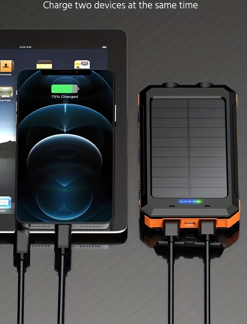 Solar Power Bank: Portable Charger with Dual LED Flashlights, USB Input/Output & Waterproof Solar Panel